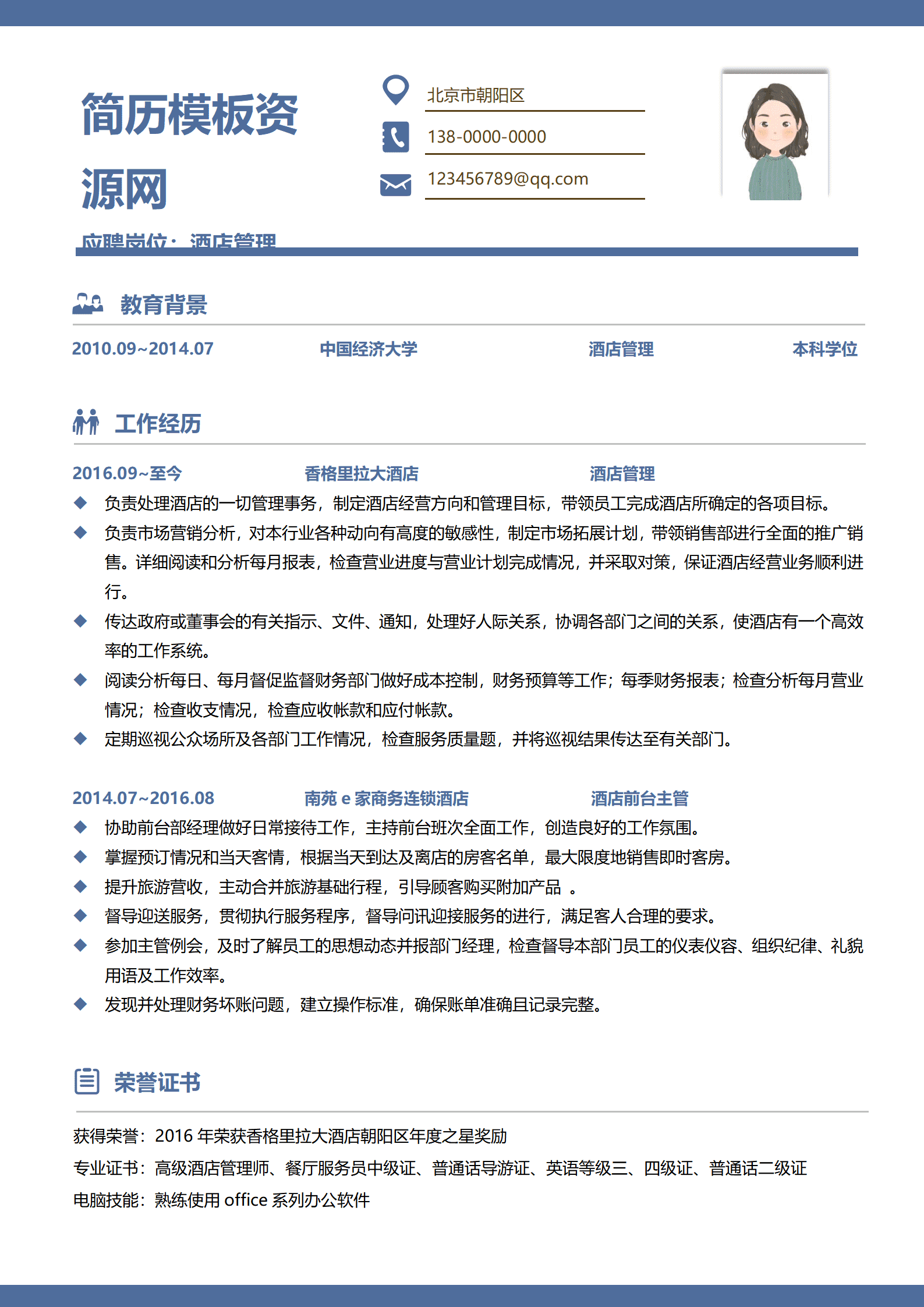 JYDY-000151酒店管理工作简历模板/