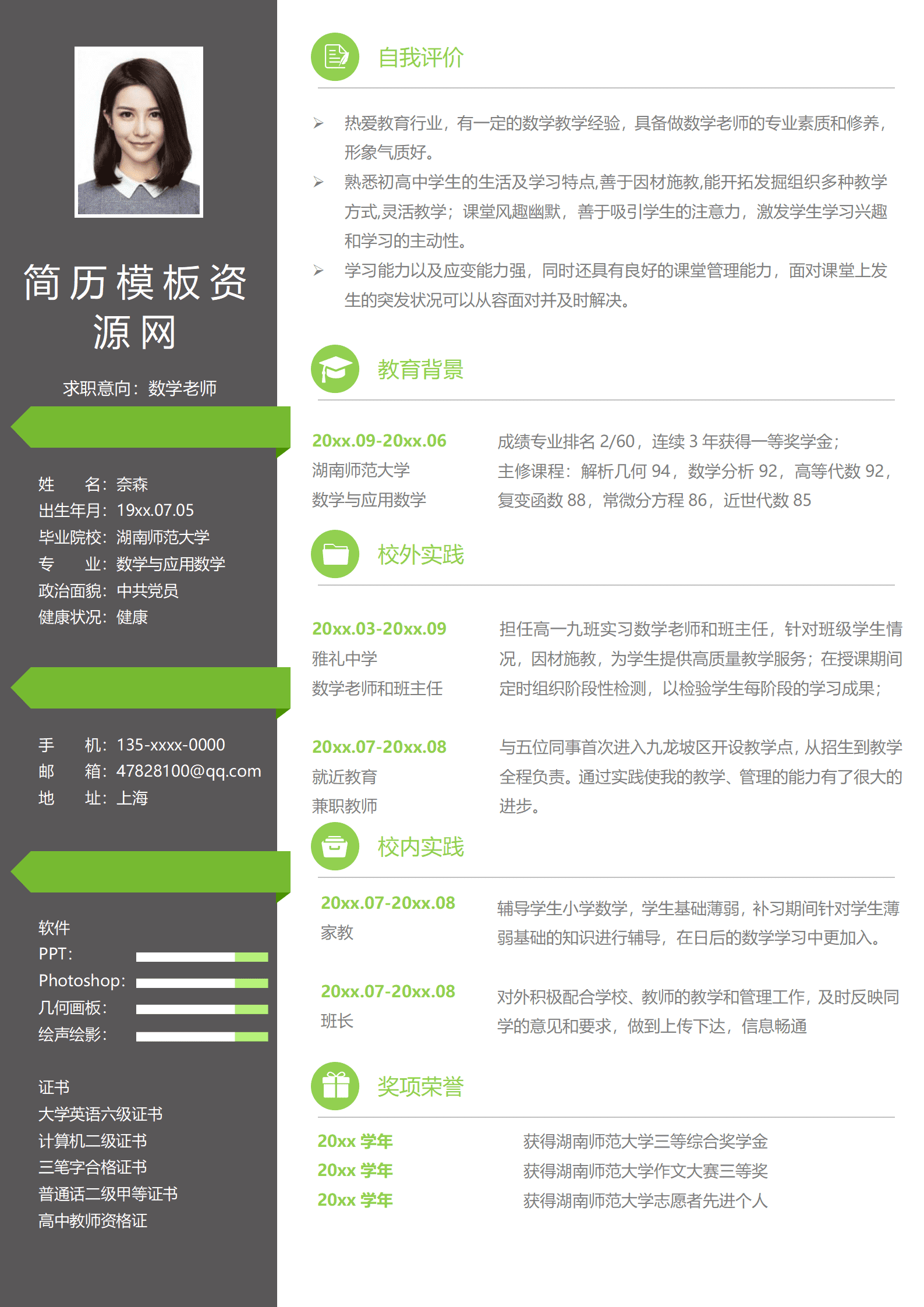 JYDS-00040数学老师简历范文模板/