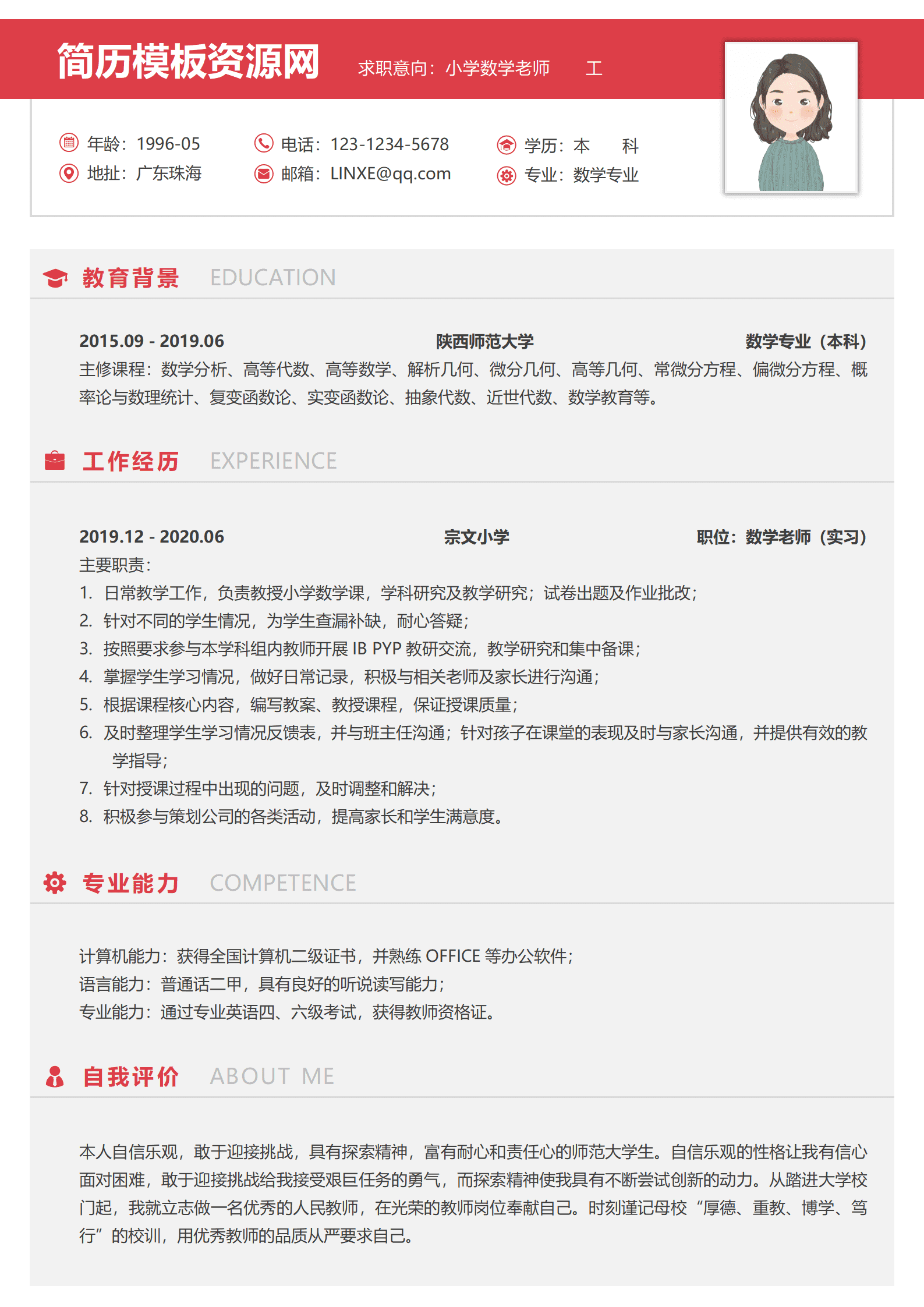 JYDe-000117公办数学老师简历模板/