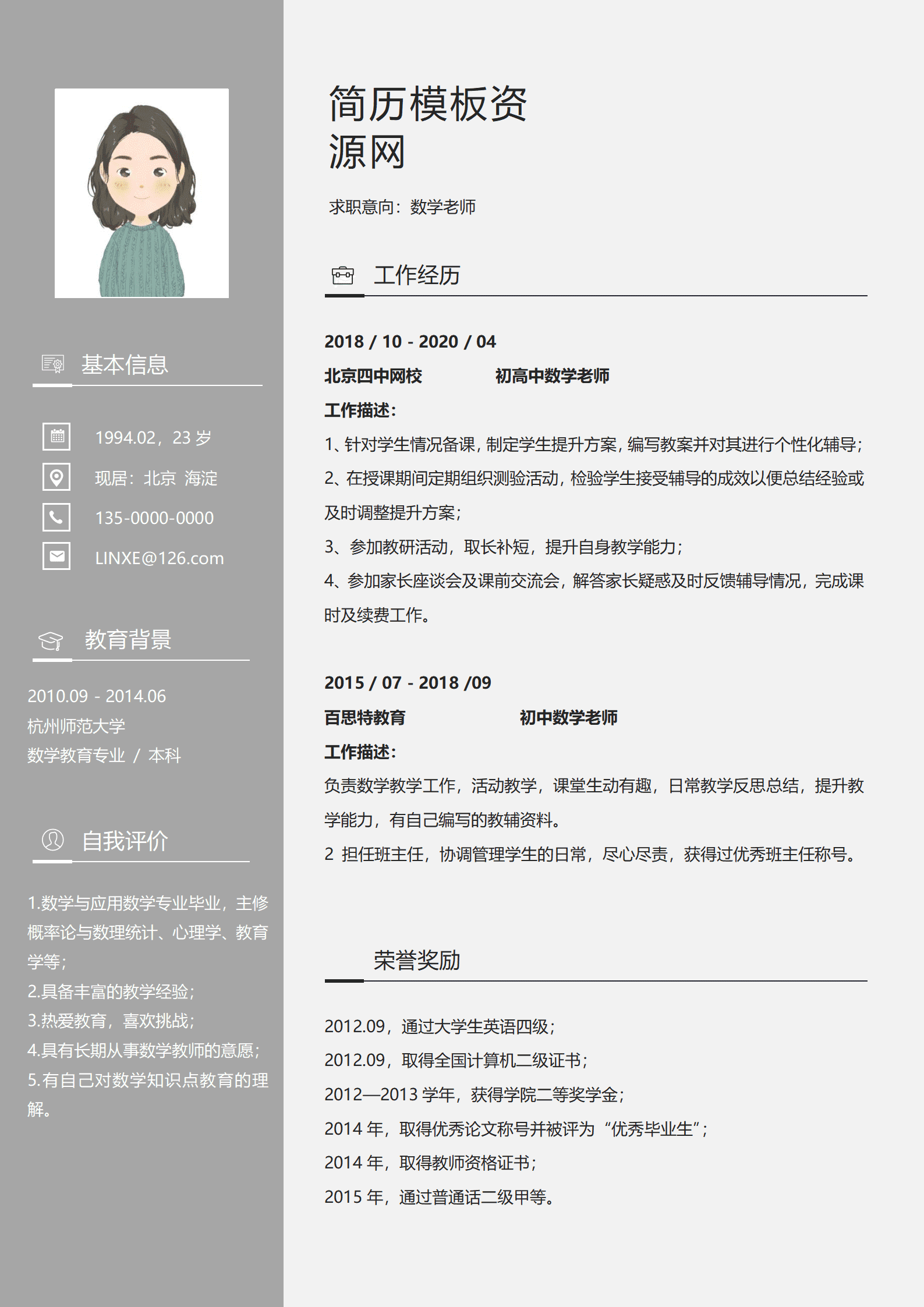JYDS-00046数学老师简历模板表格/