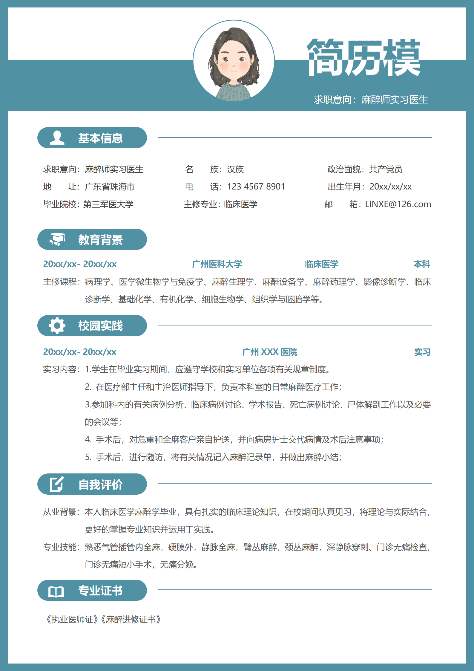 JYDY-000255往届麻醉医生的简历模板/