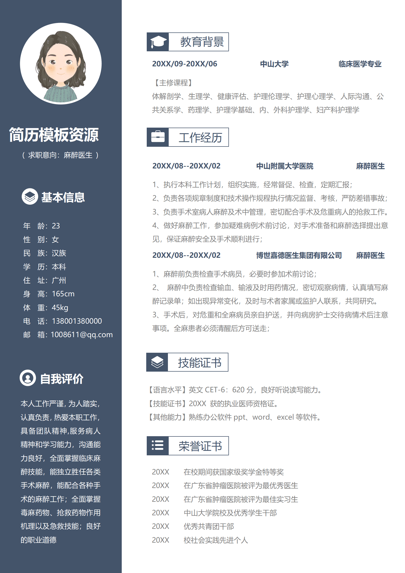 JYDY-000196麻醉医生简历模板范文/