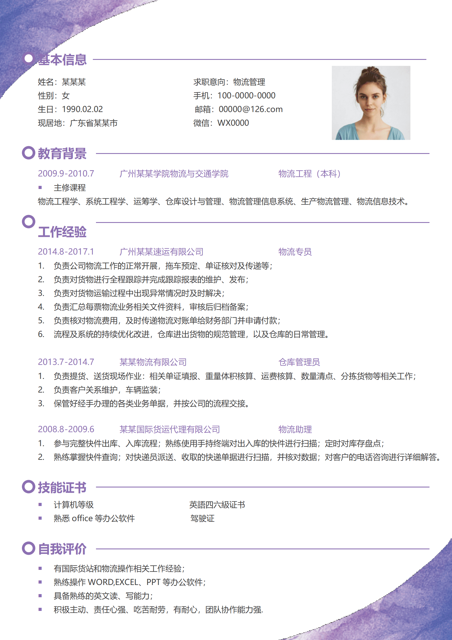 ZWSY-000123清新紫色水彩风简约物流主管个人求职简历Word模板/