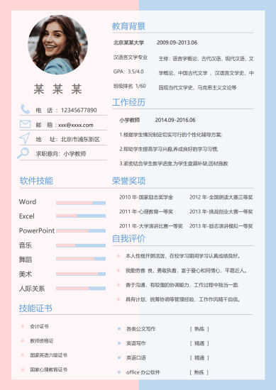 小学教师1-3年免费简历模板