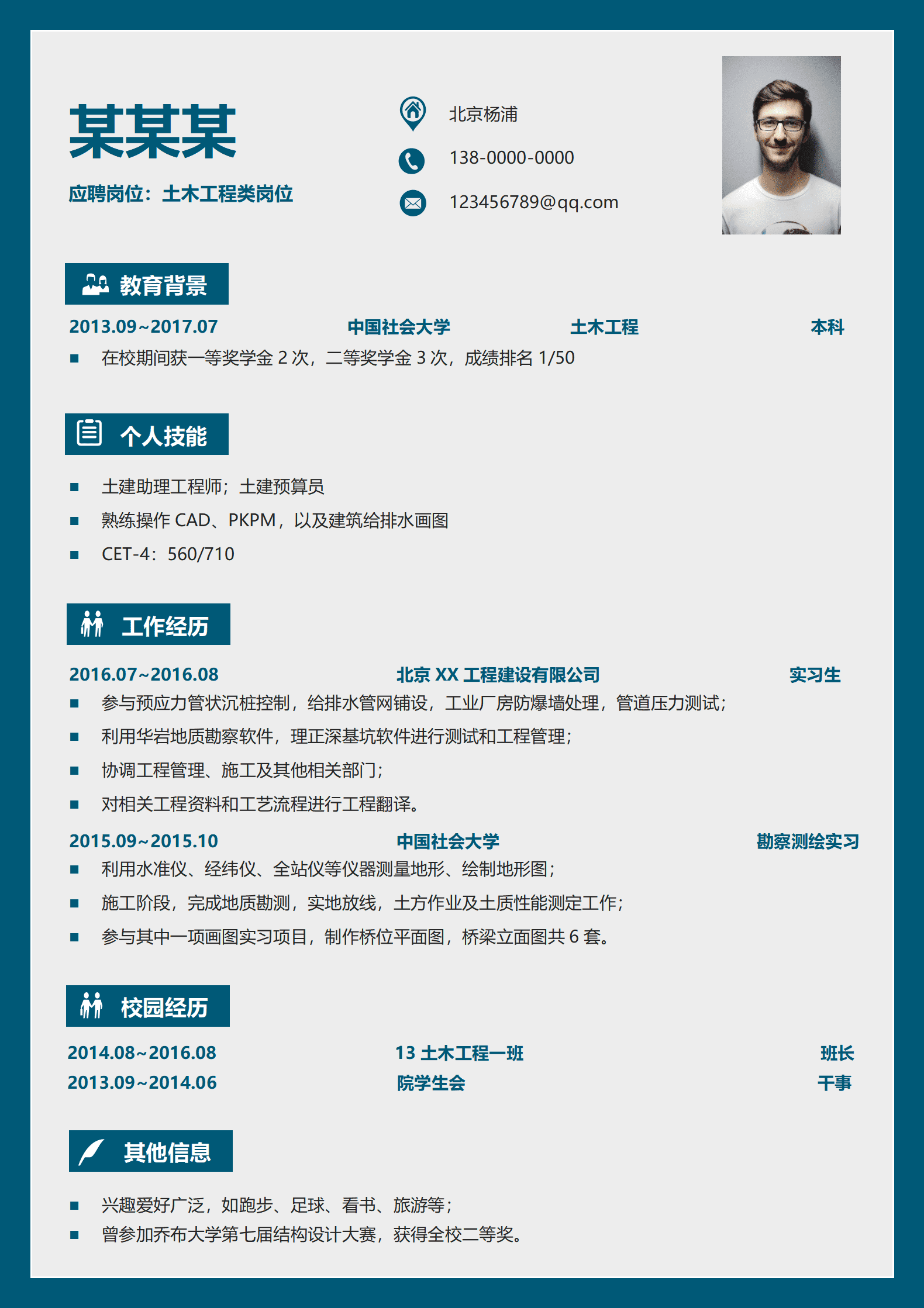 ZWSY-00099蓝色线条边框简约风土木类求职简历/