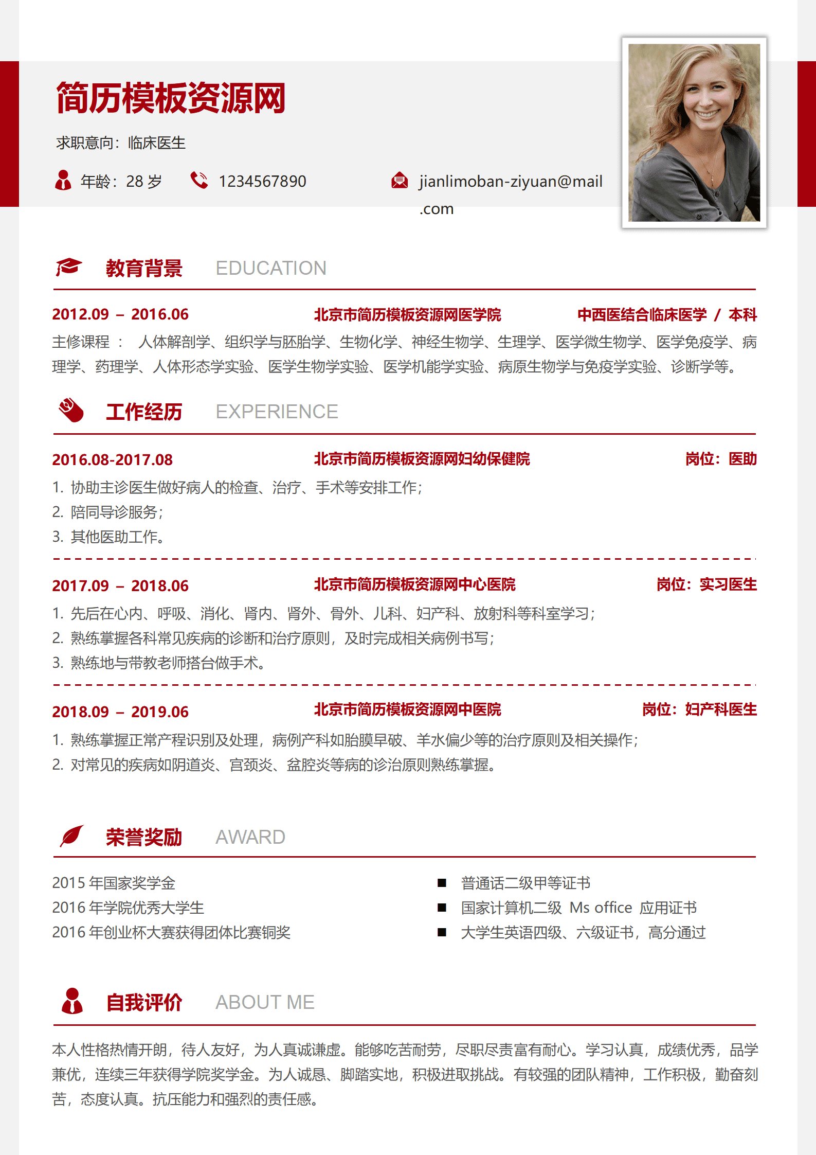 SYY-00090临床医生求职word简历模板/