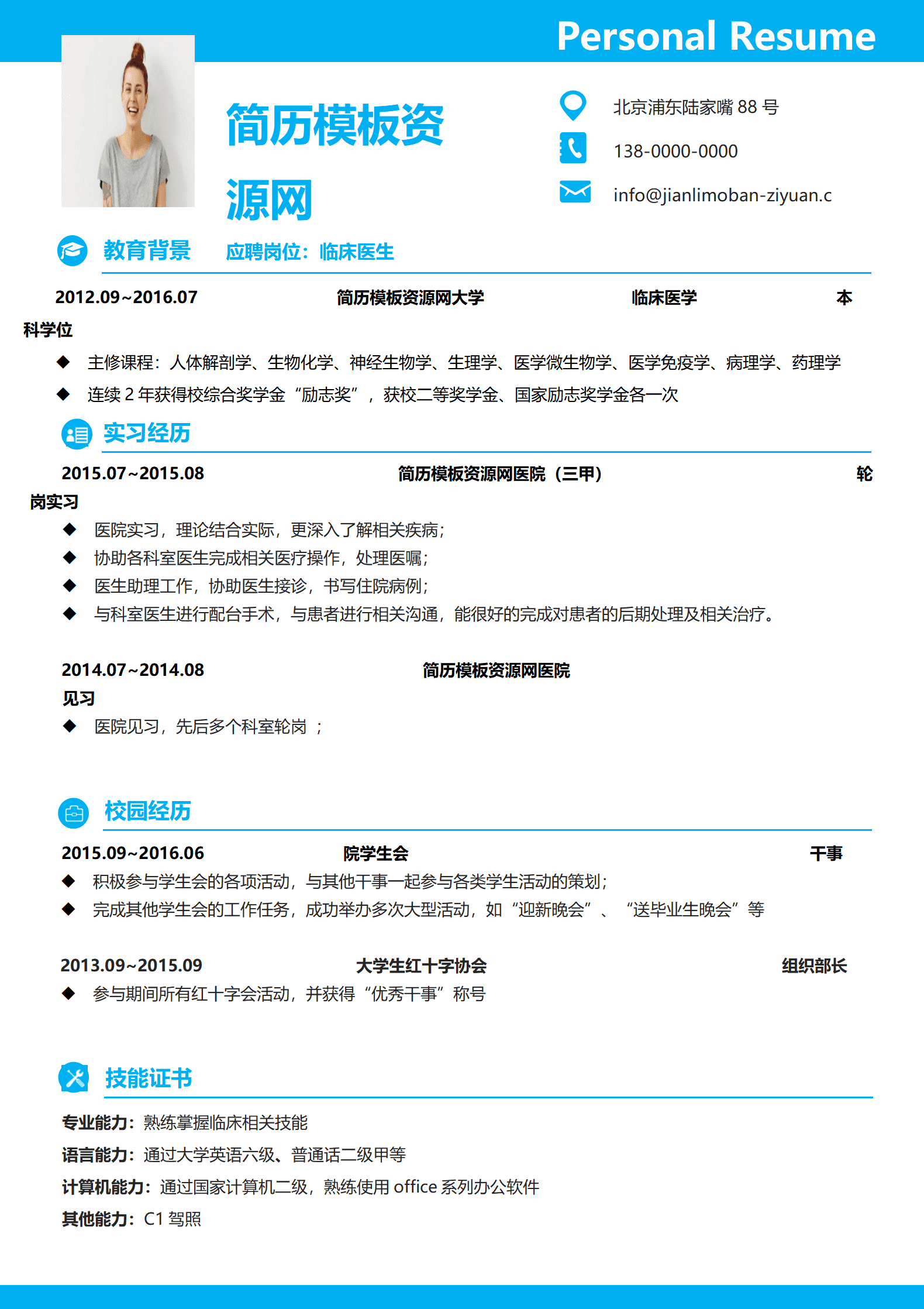 SYY-00084蓝色简约临床医生免费简历模板/
