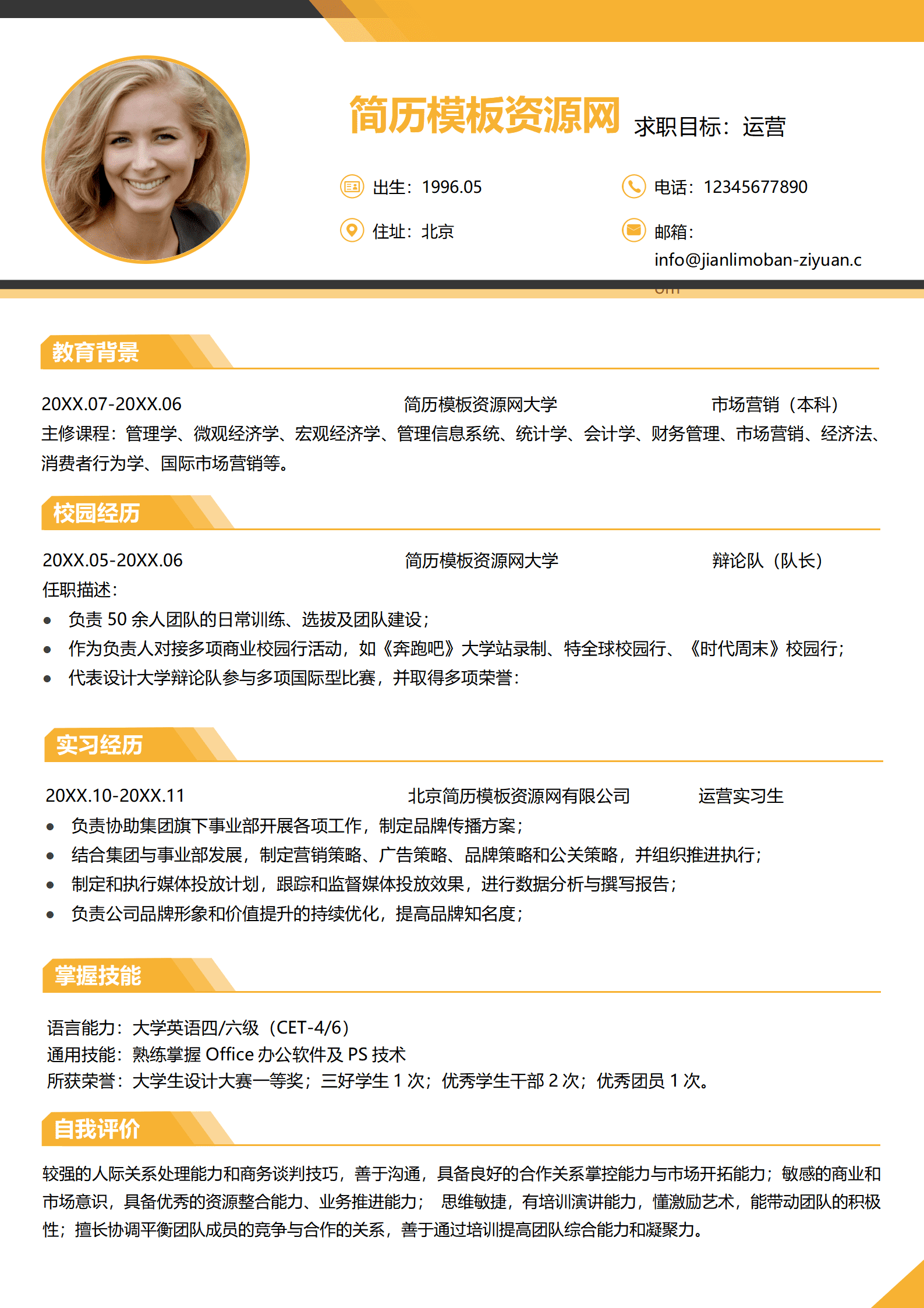 SYY-000144运营应聘简历模板1-3年/