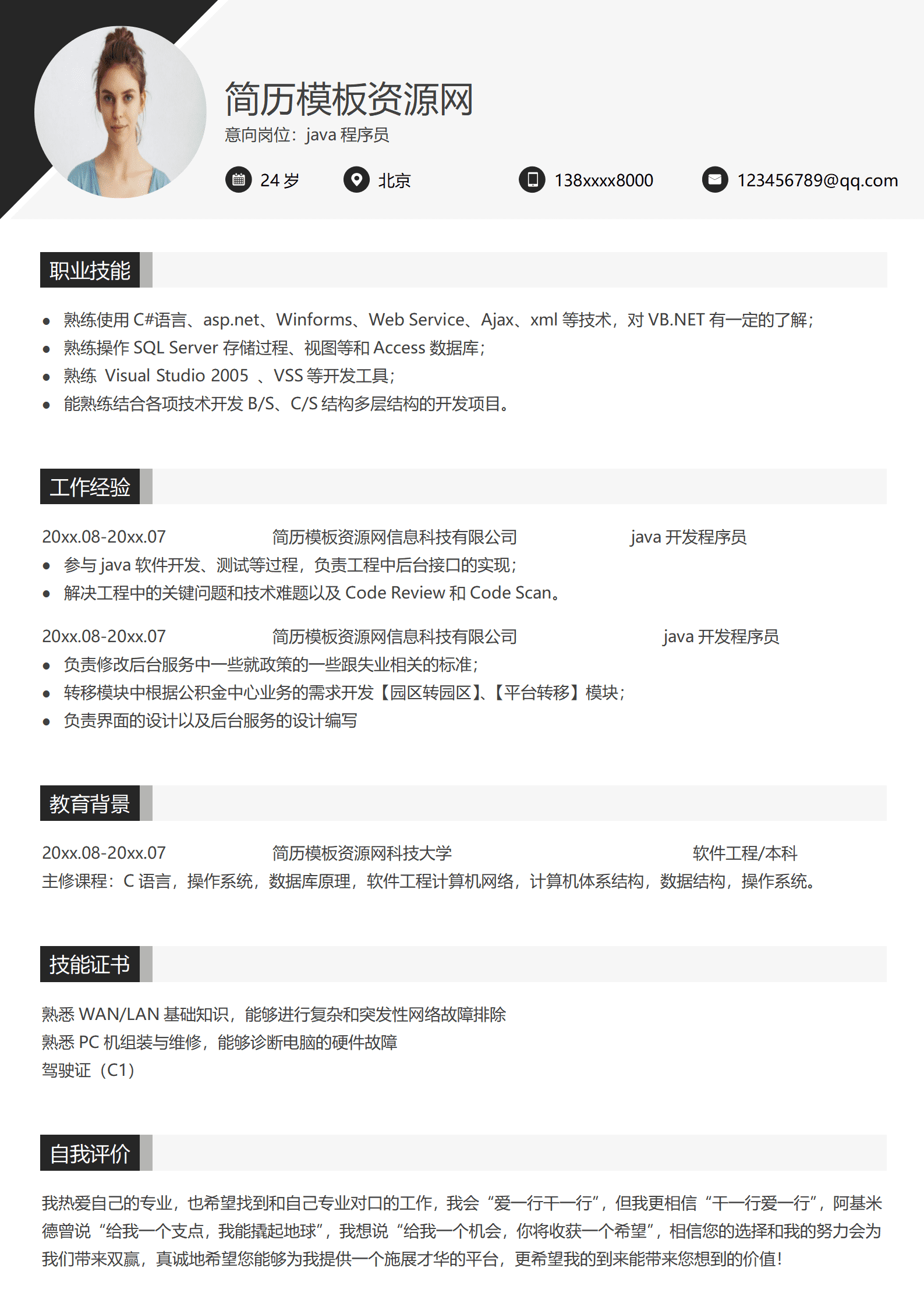 SYY-0002java程序员免费简历模板/