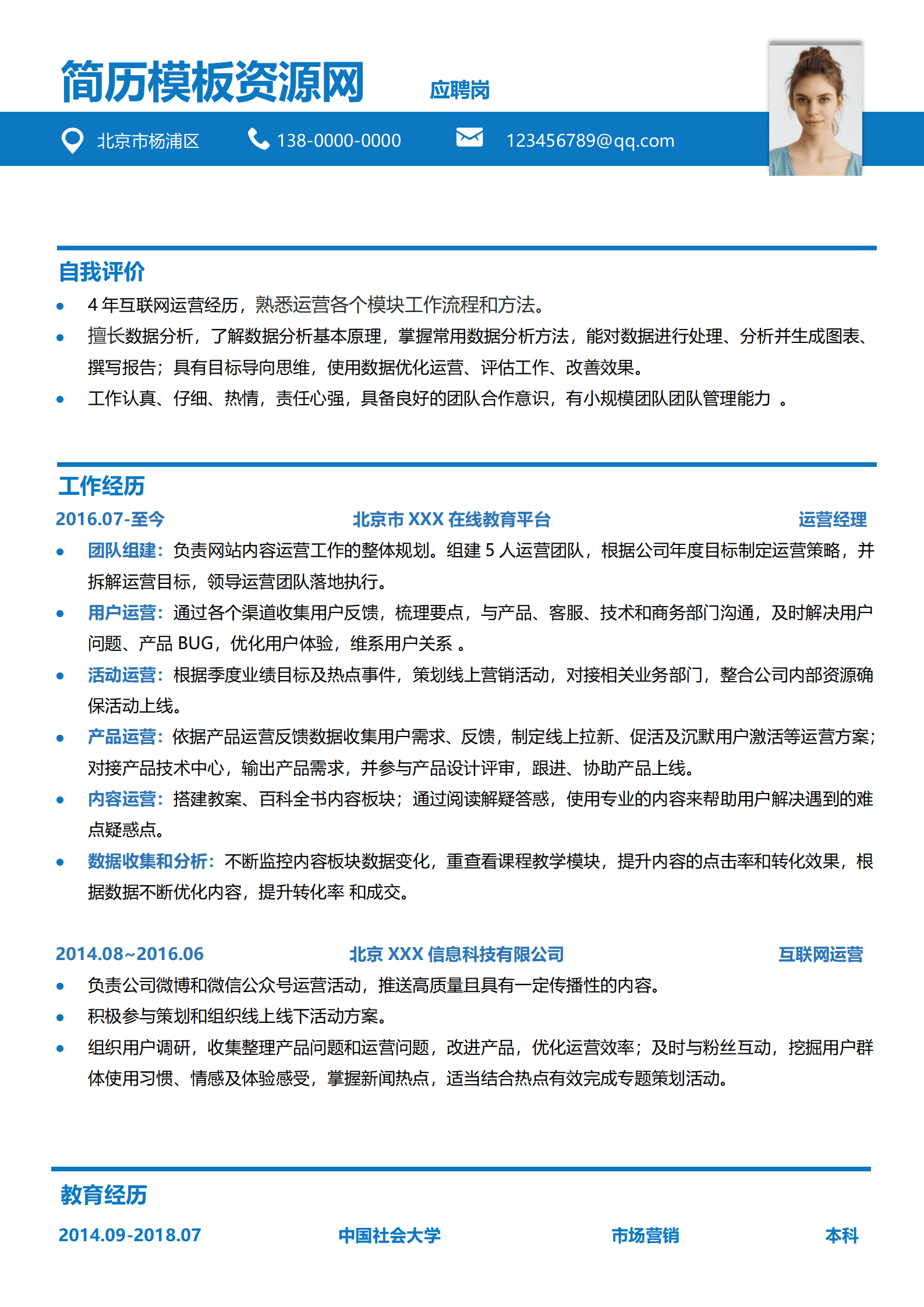 SYY-000134应聘岗位运营经理免费简历模板/