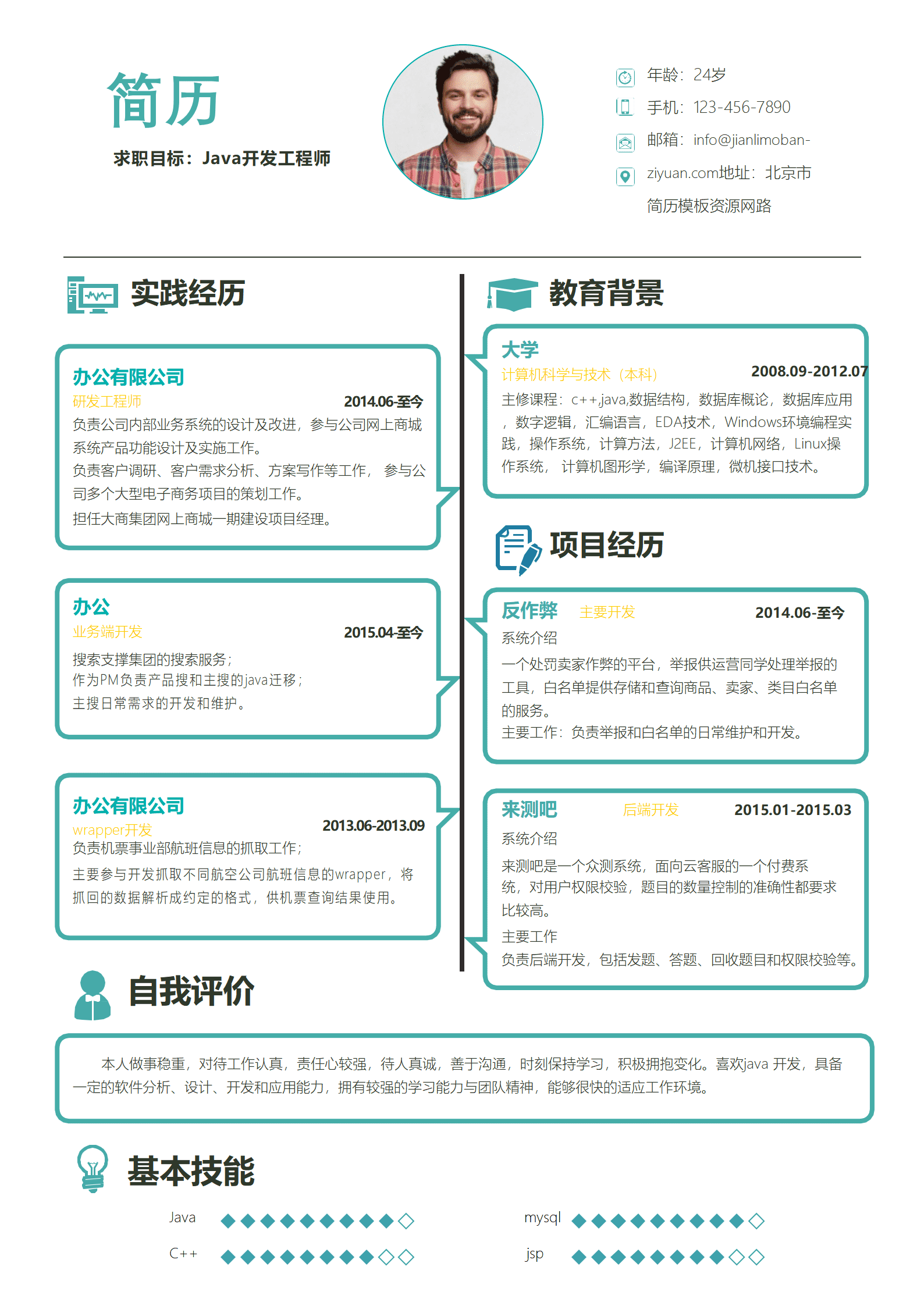 SYDE-00045可爱风格绿色java工程师求职简历word简历模板/