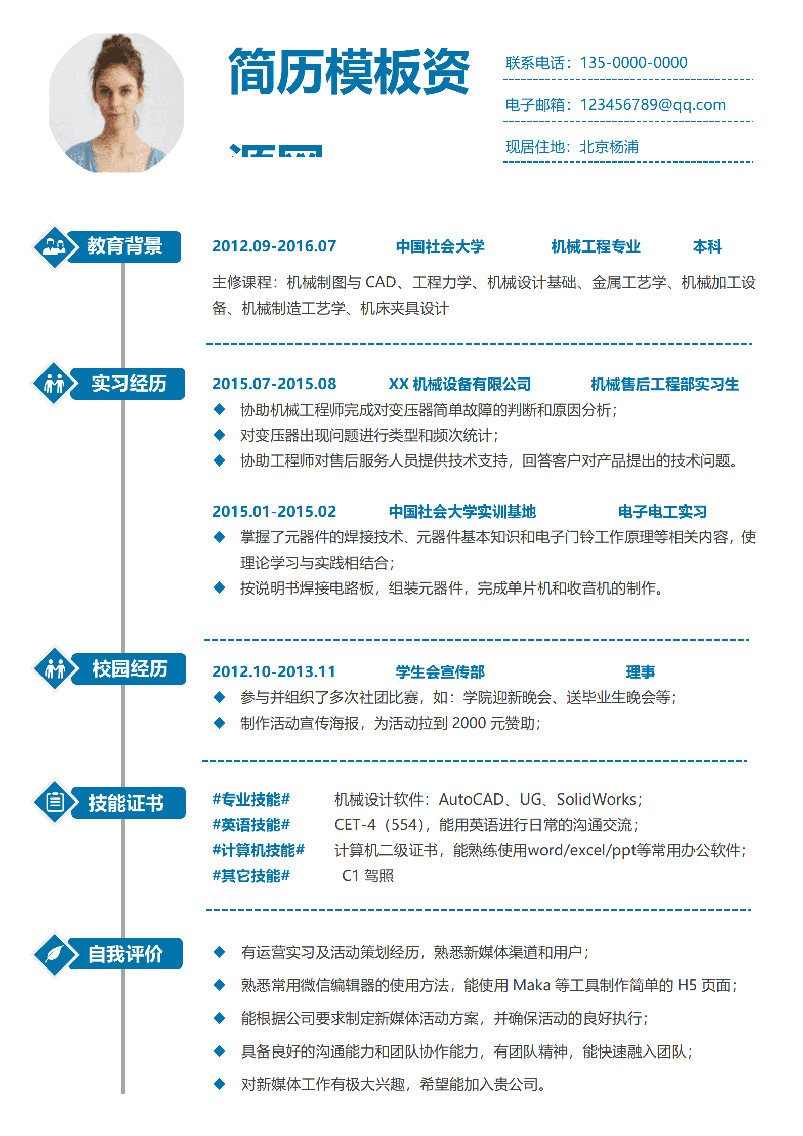 SYDE-00055蓝色清新风格机械工程师简历模板/