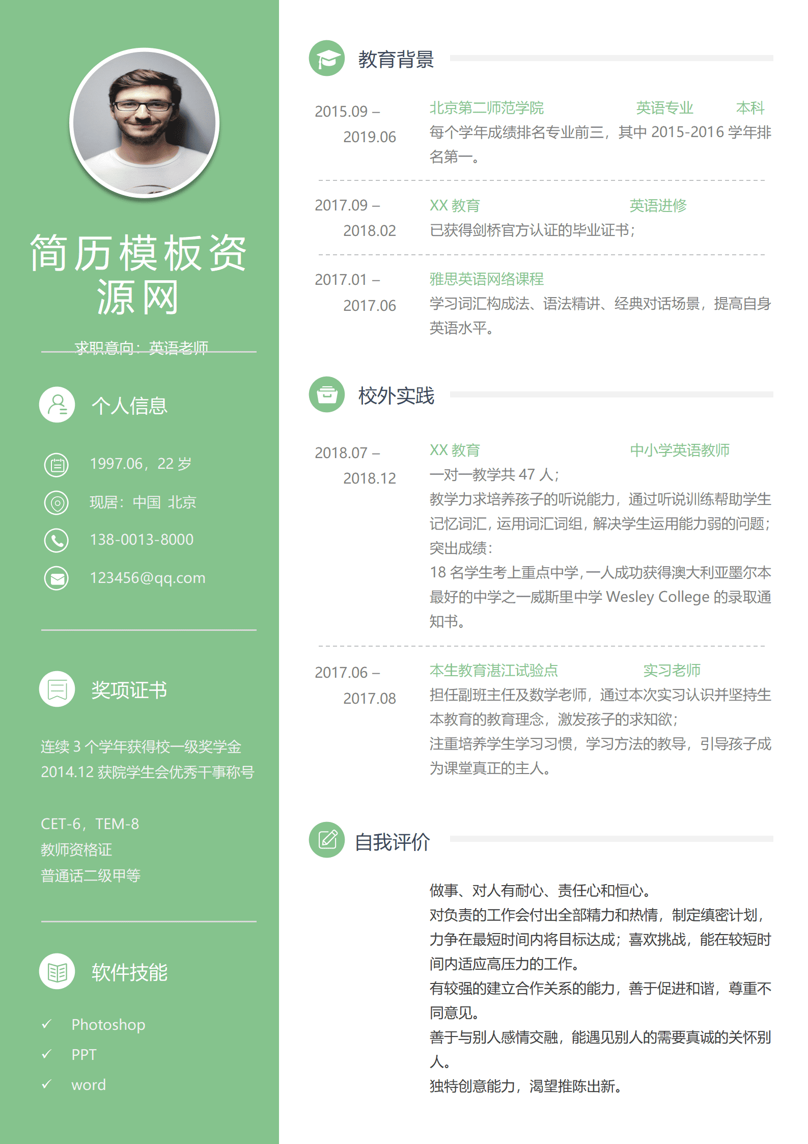 SYDE-00065浅绿色英语老师简历模板/