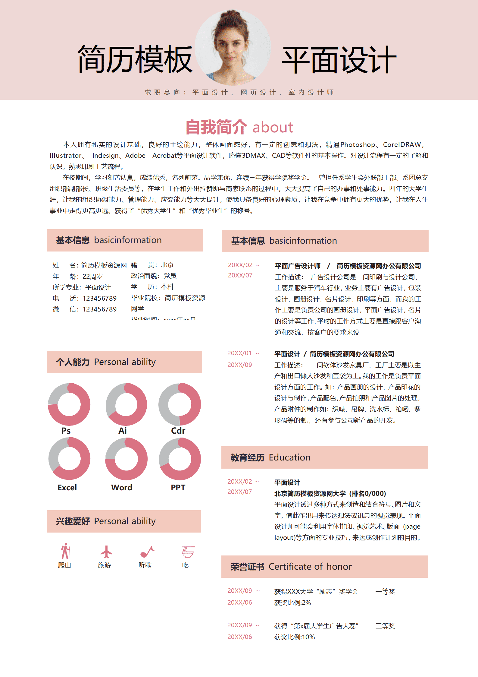 SYDE-00017粉色时尚平面设计求职简历word简历模板/
