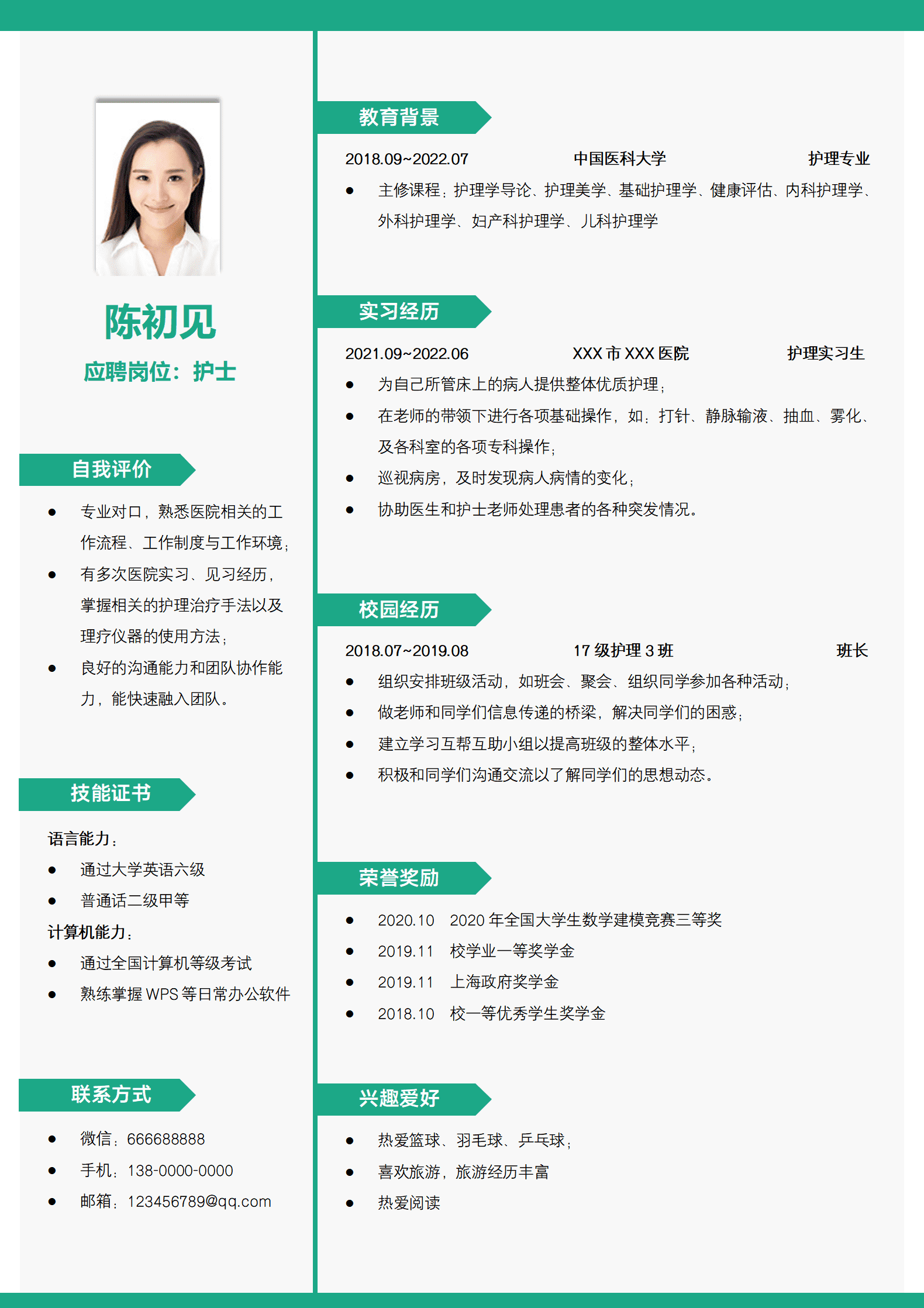 SEZT-00051护士医院面试求职应届生简历/