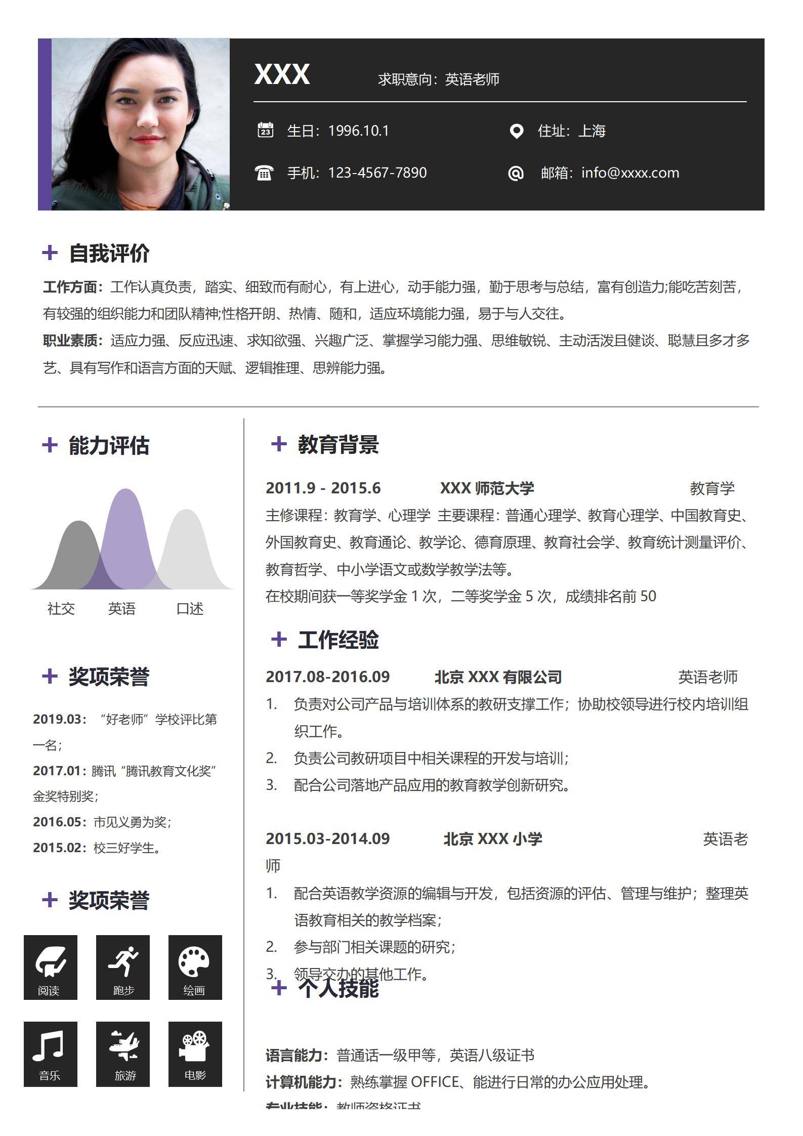 elmfz-0158英语教师简历模板word免费版/