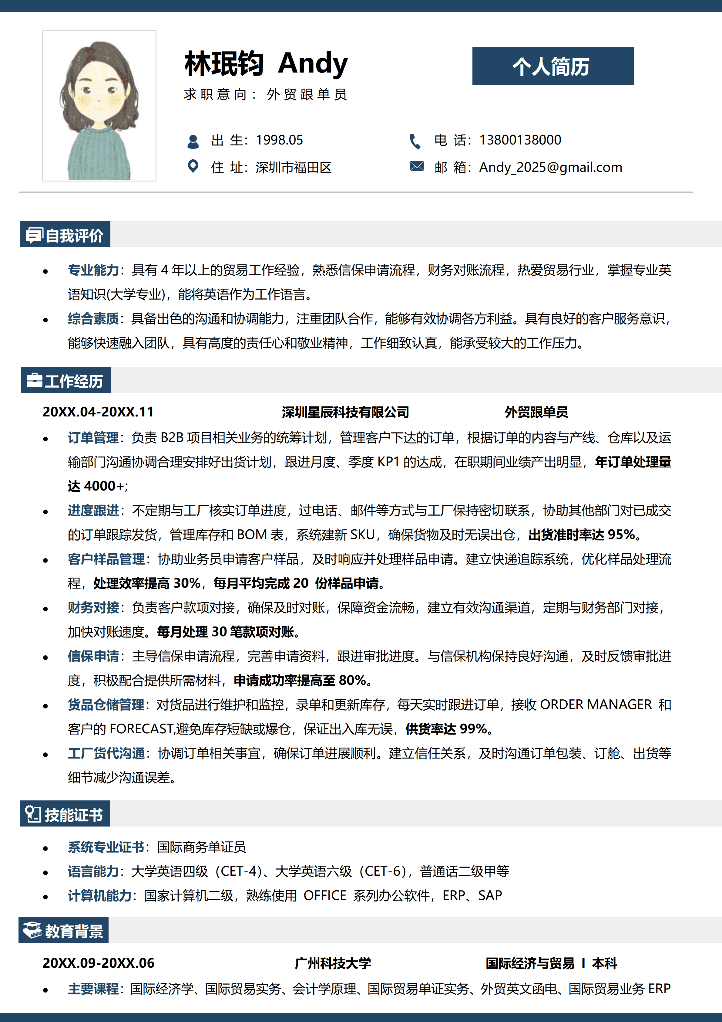 GND0166外贸跟单员国际经济与贸易专业简历模板/