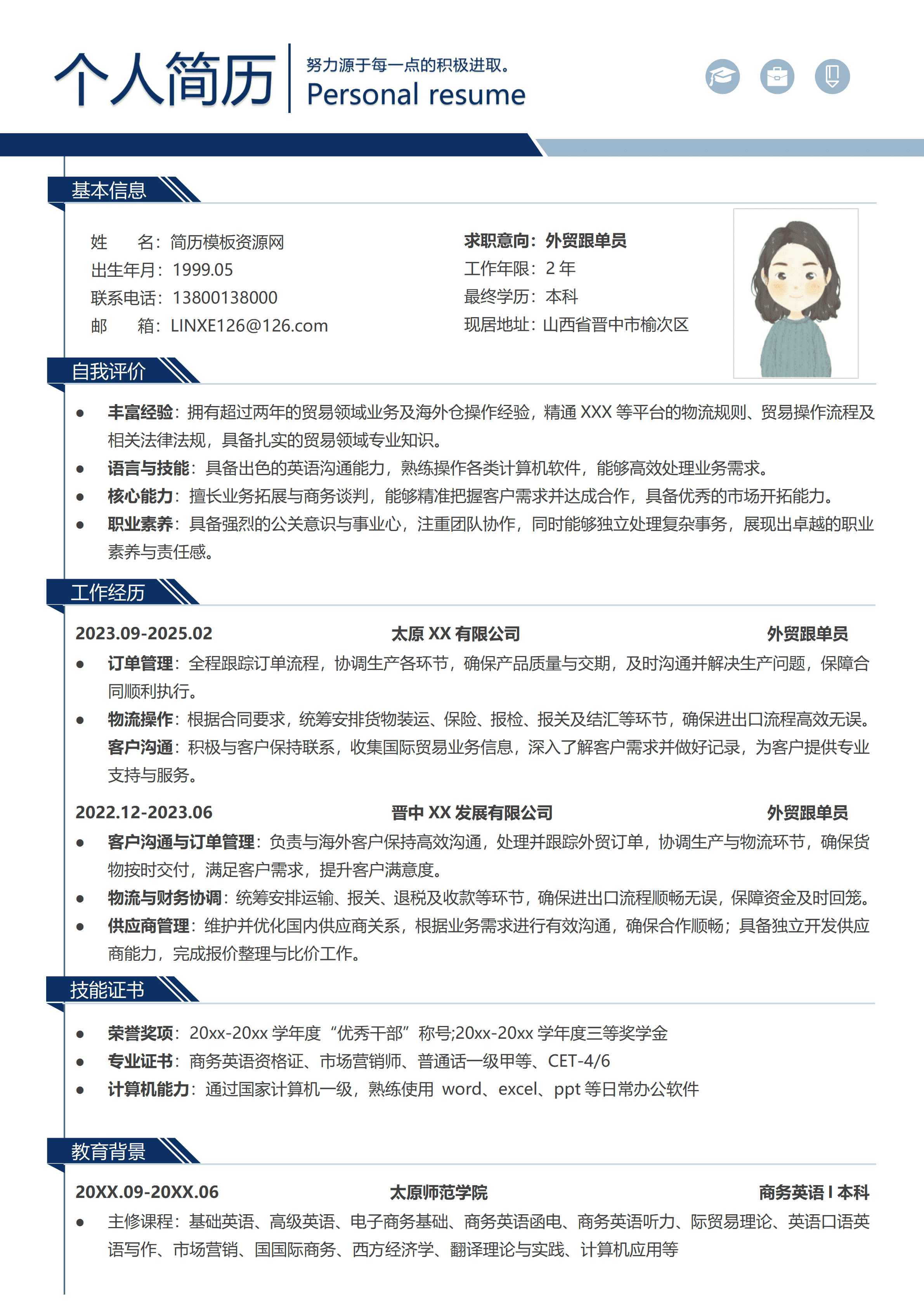 GND0169外贸跟单员商务英语专业简历/