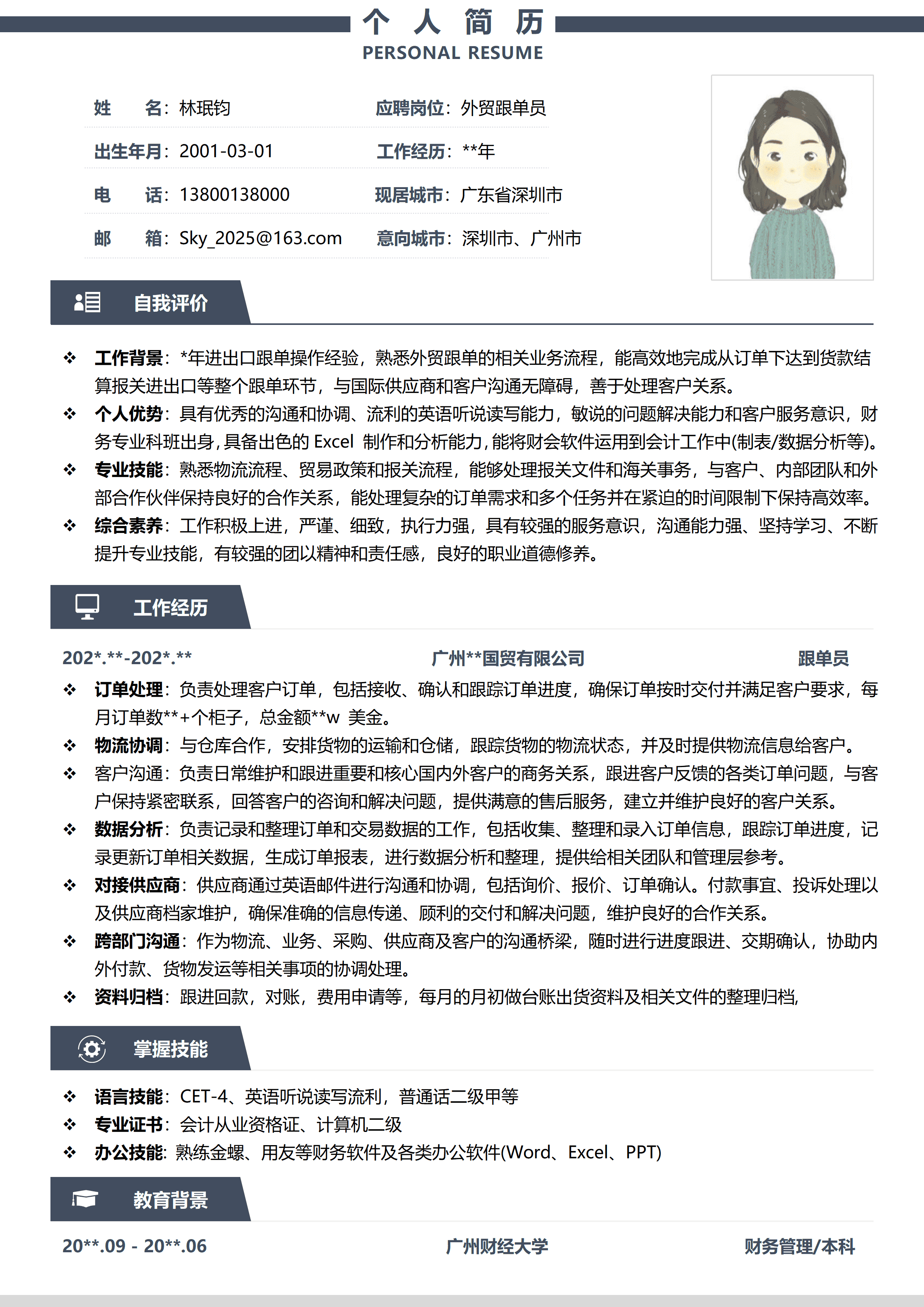 GND0165外贸跟单员财务管理专业简历/