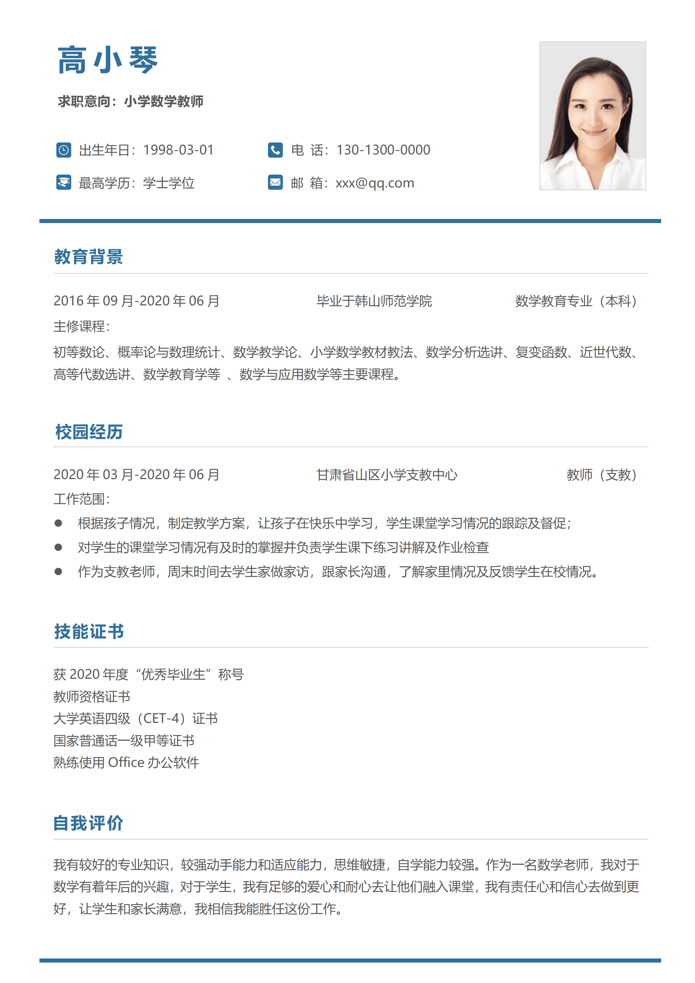 SYY-00068简约蓝色无经验中小学教师个人简历/