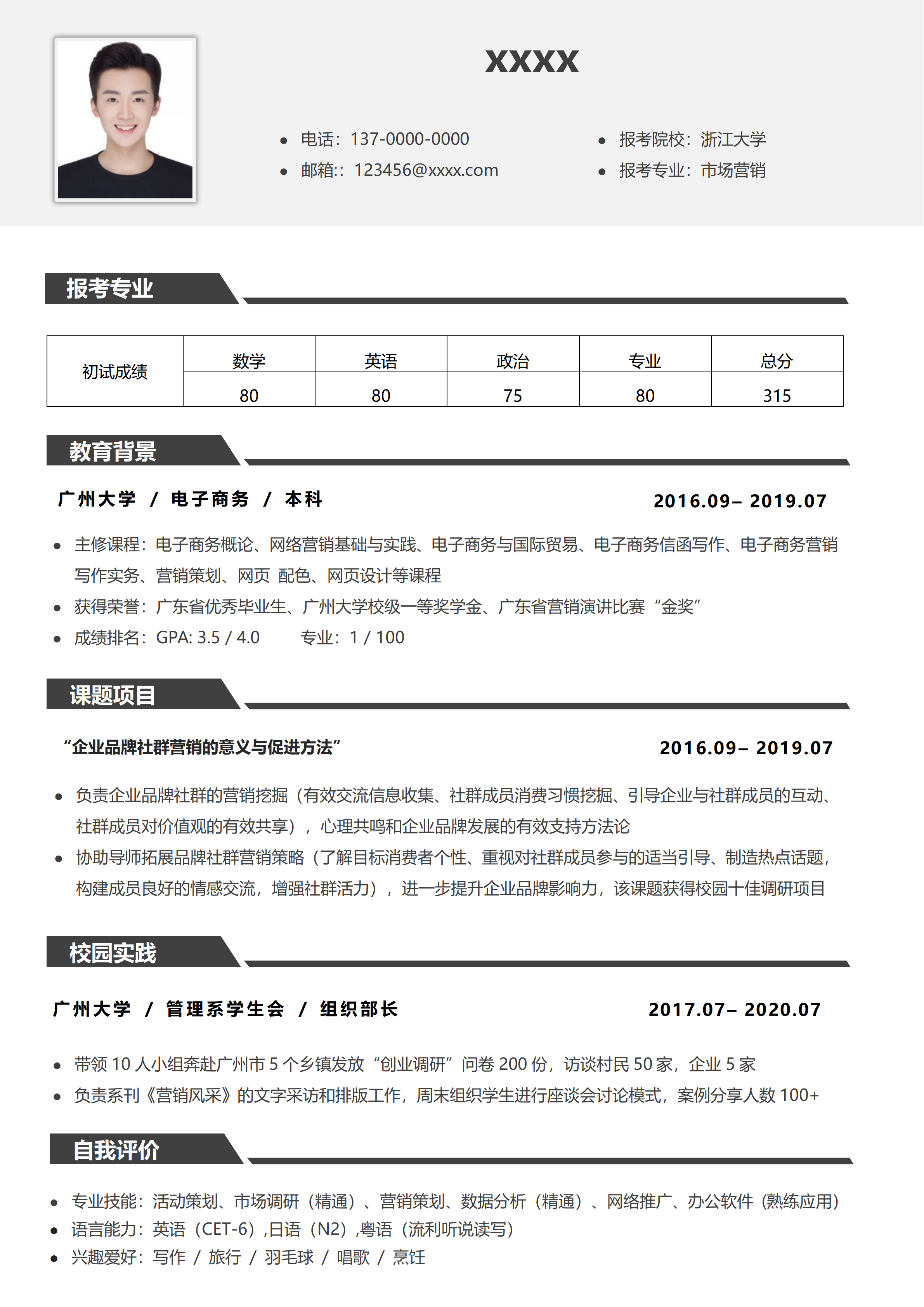 GNFS072市场营销考研复试简历/