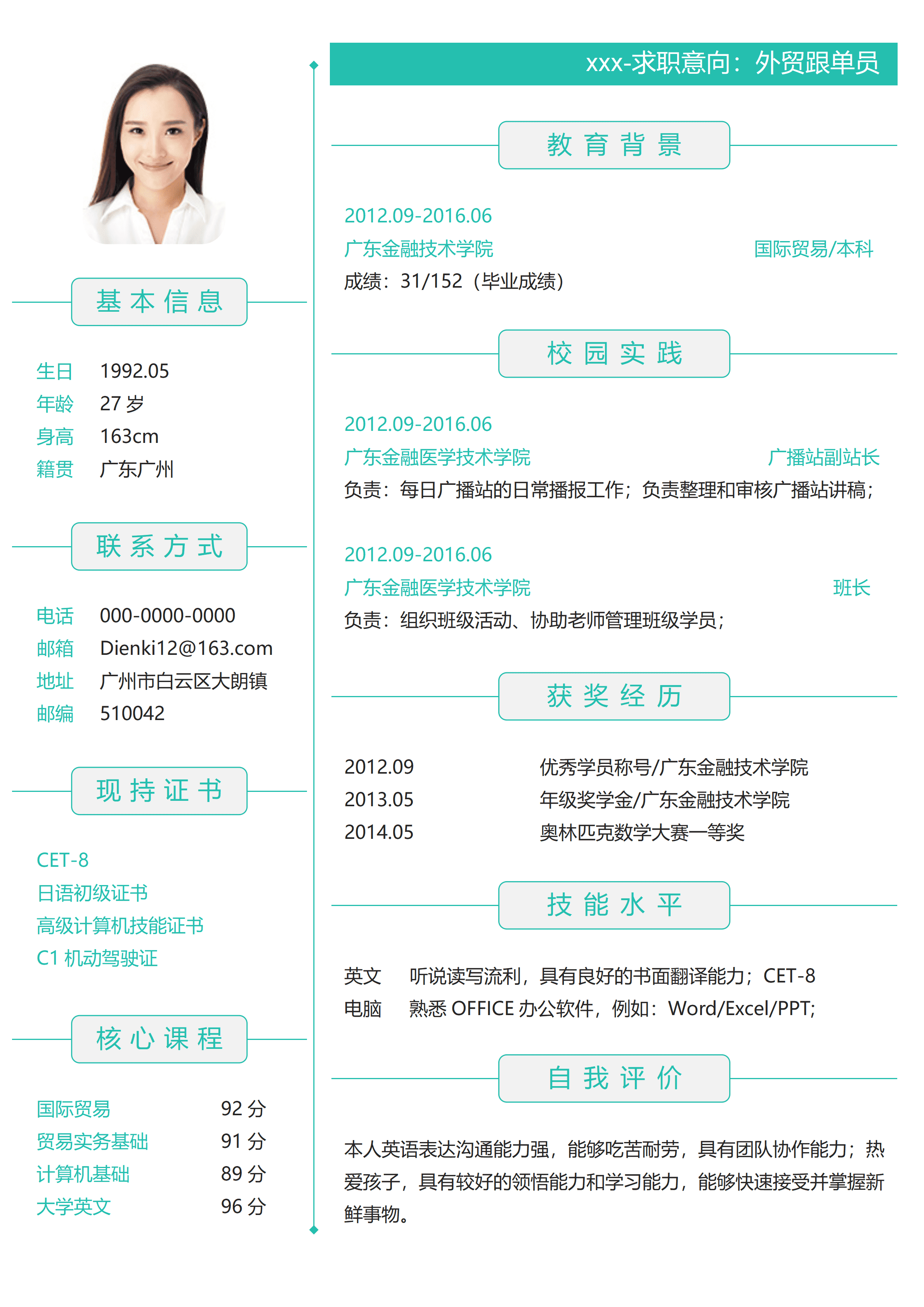 SYY-00028护士3年经验简历模板有营养师证/