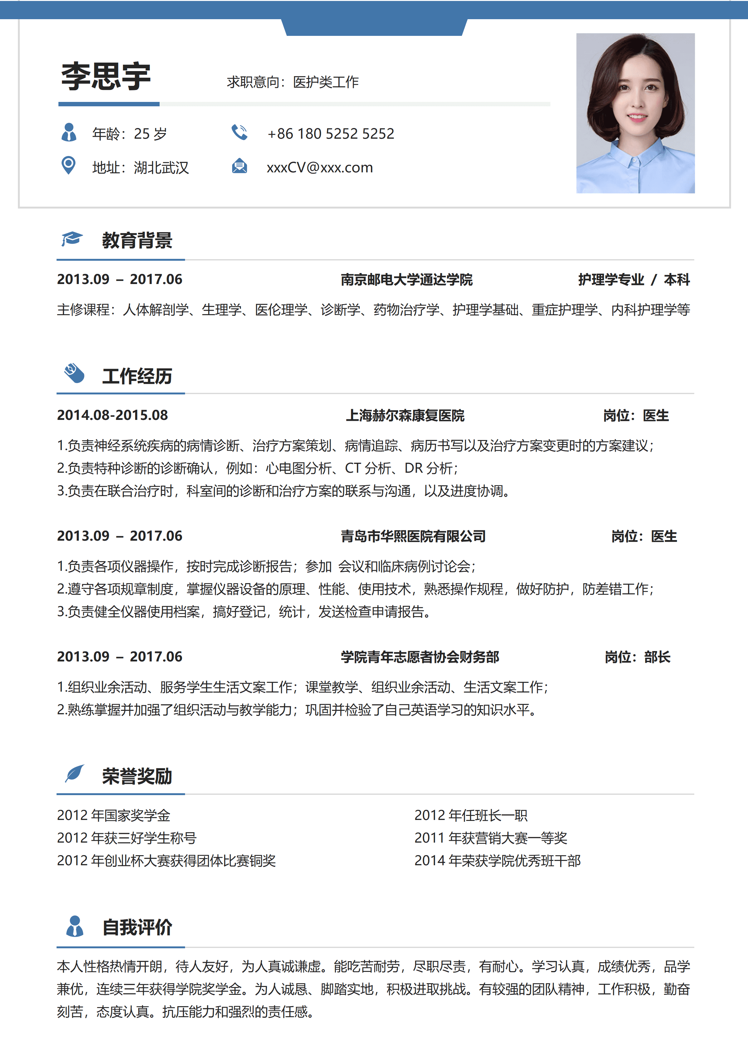 SYY-000180医护类护理学本科简历模板/