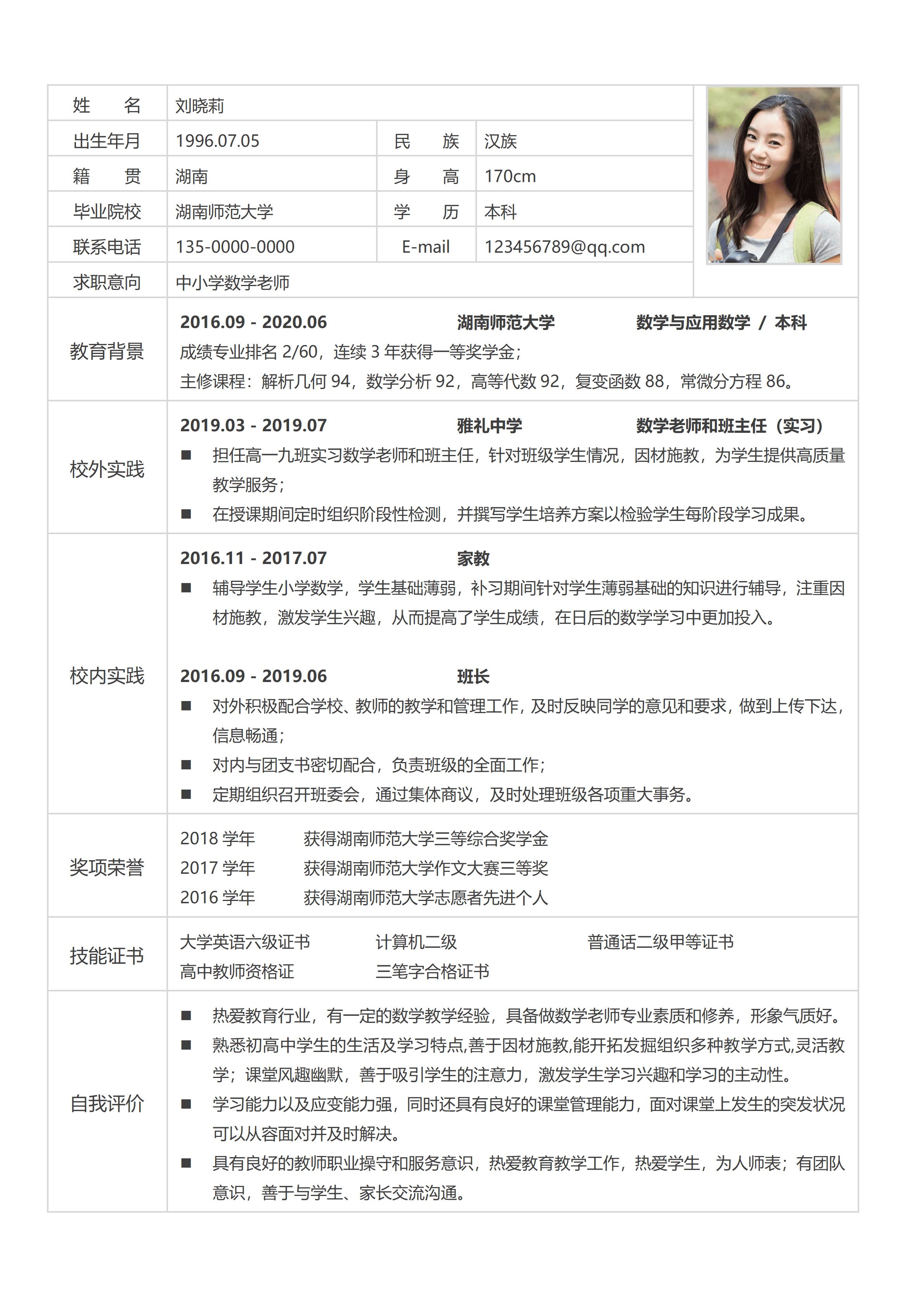 ELSS-078数学教师表格免费简历模板/