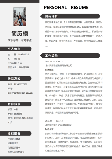 财务经理主管高管简历