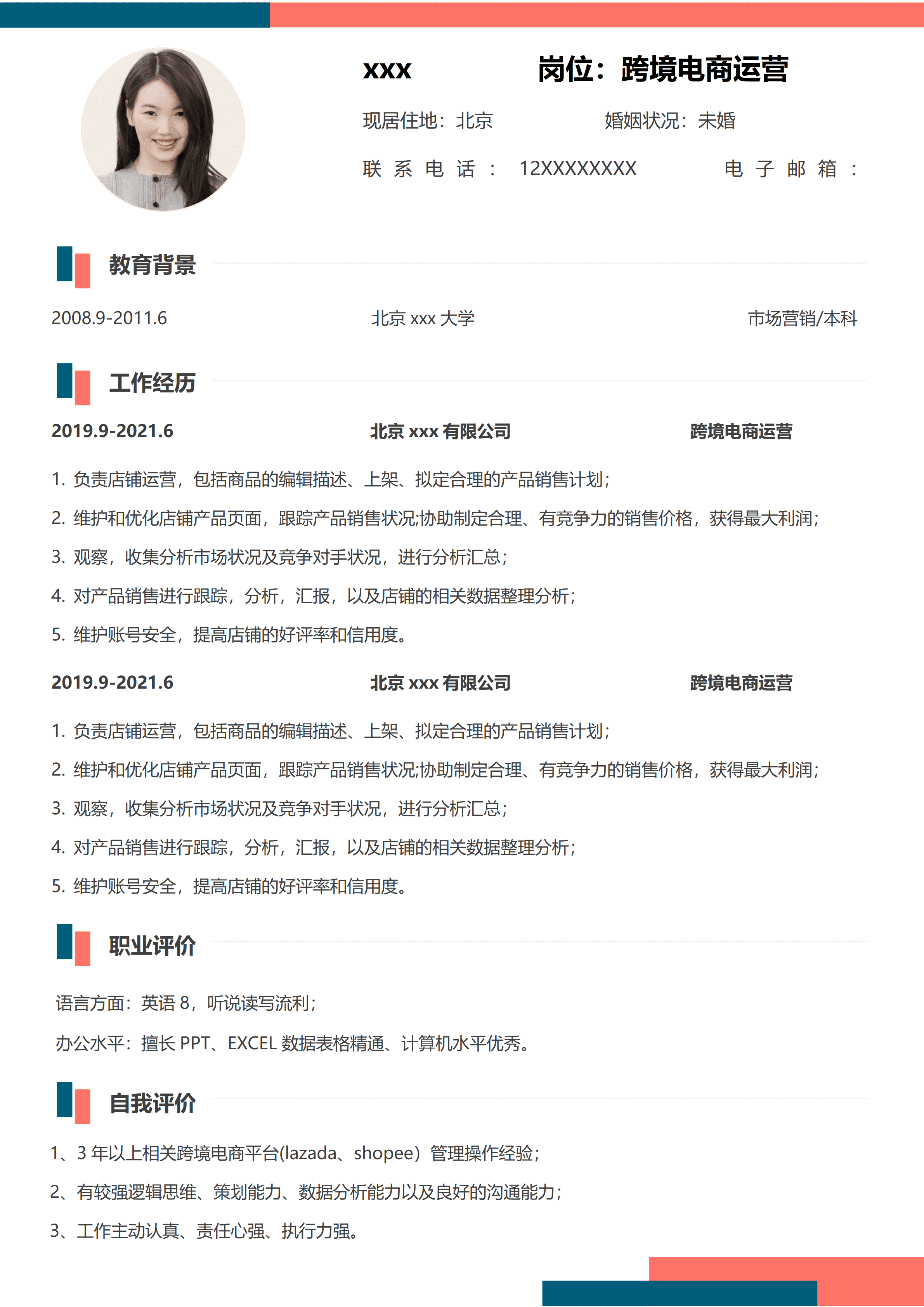 ELSSS-016跨境电商运营专员求职简历模板/