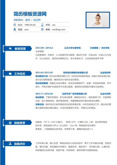 蓝色精美教师培训师简历word