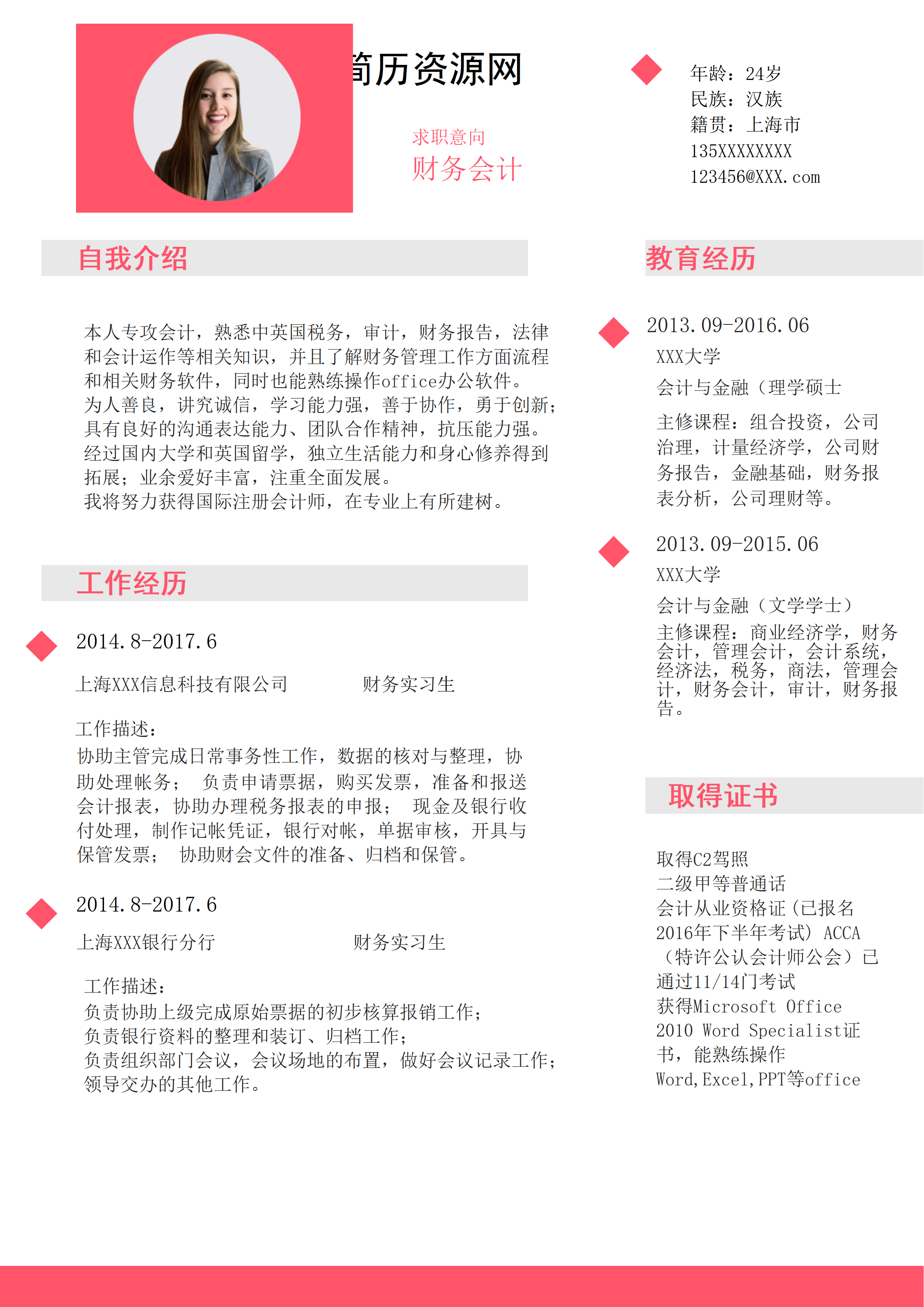 ELLY-3036暗粉简洁财务会计审计简历模板/
