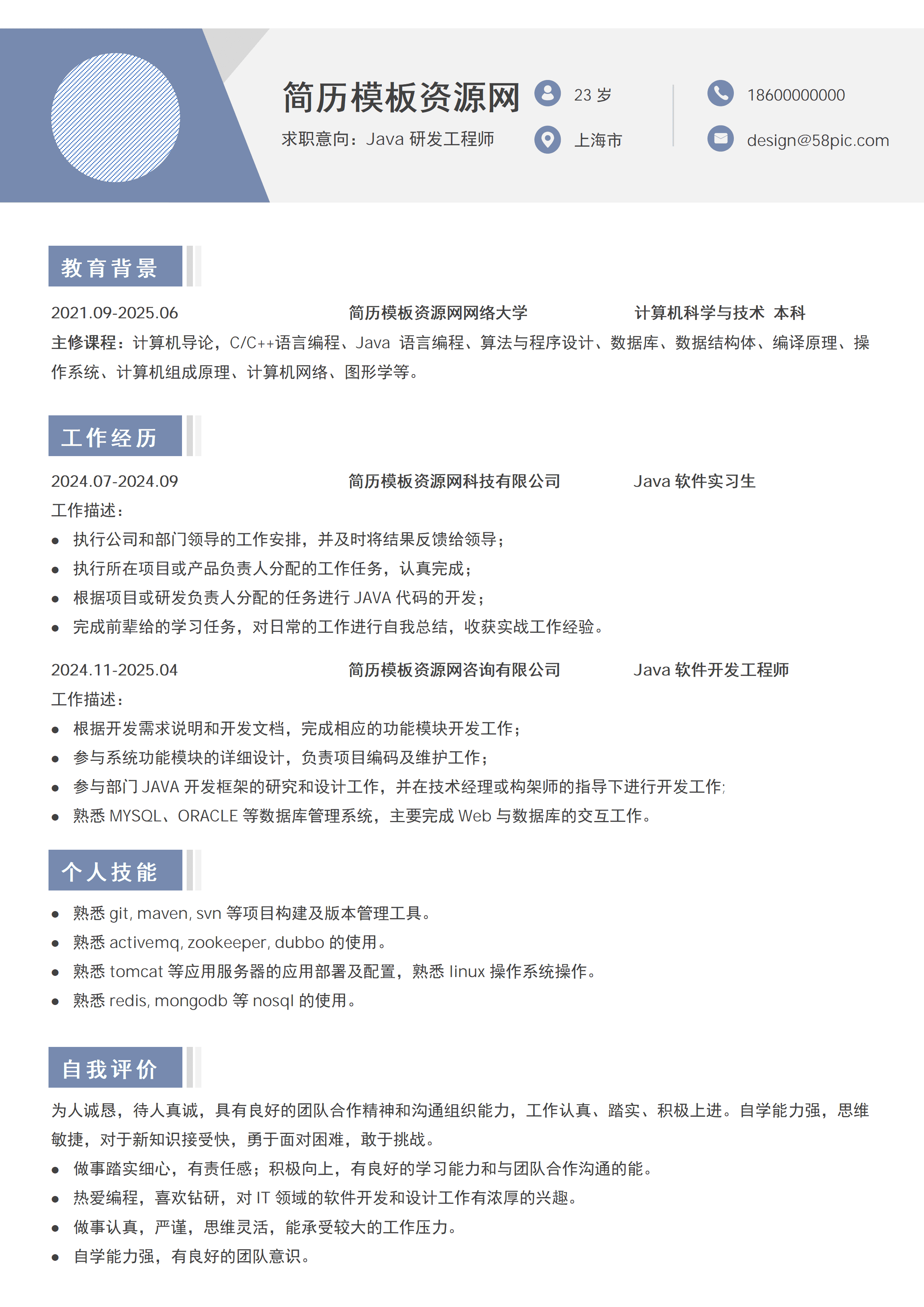 LYZW-2044浅蓝色Java研发工程师免费简历模板/