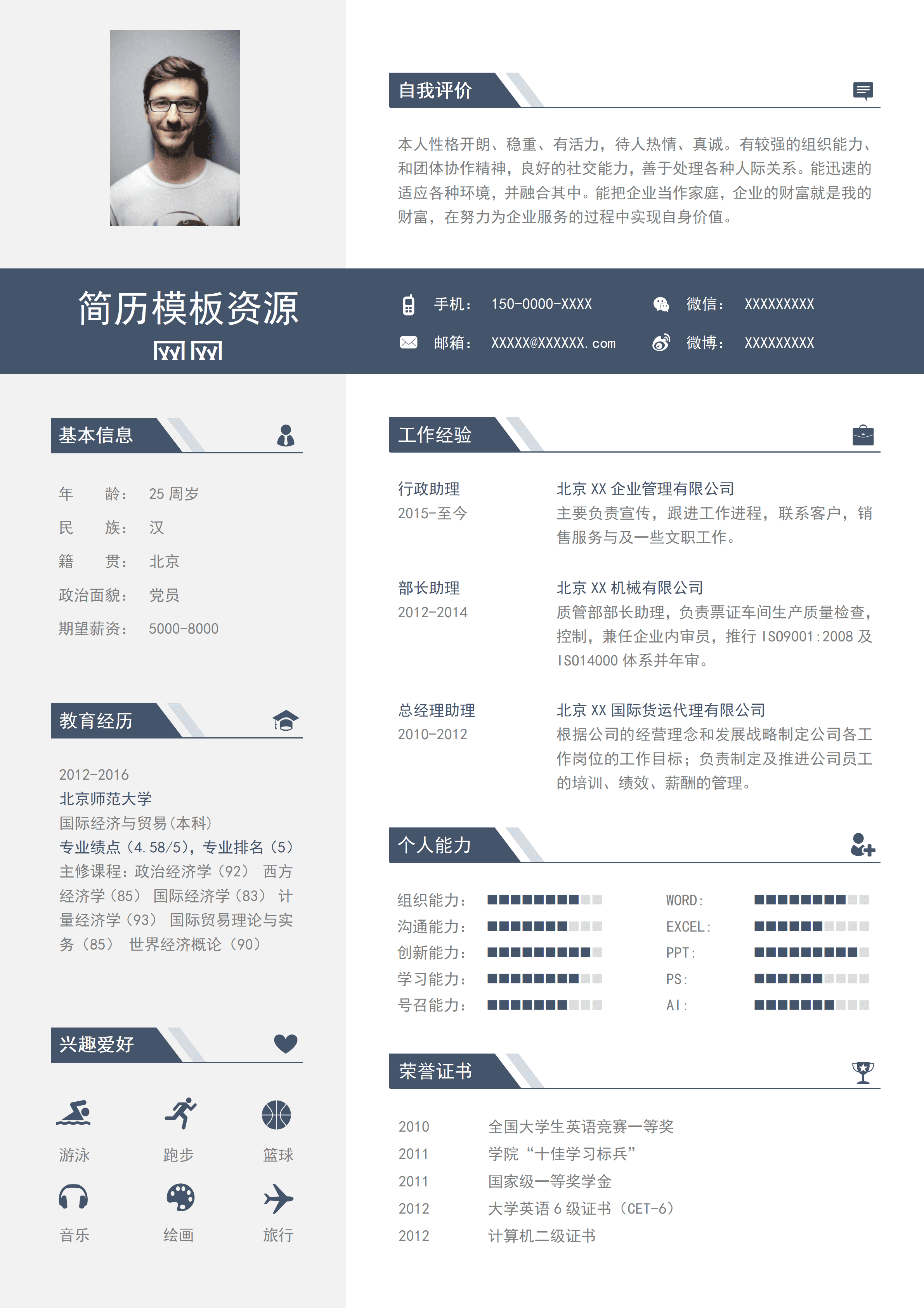 ELQY-1049灰绿色策划行政求职简历模板/