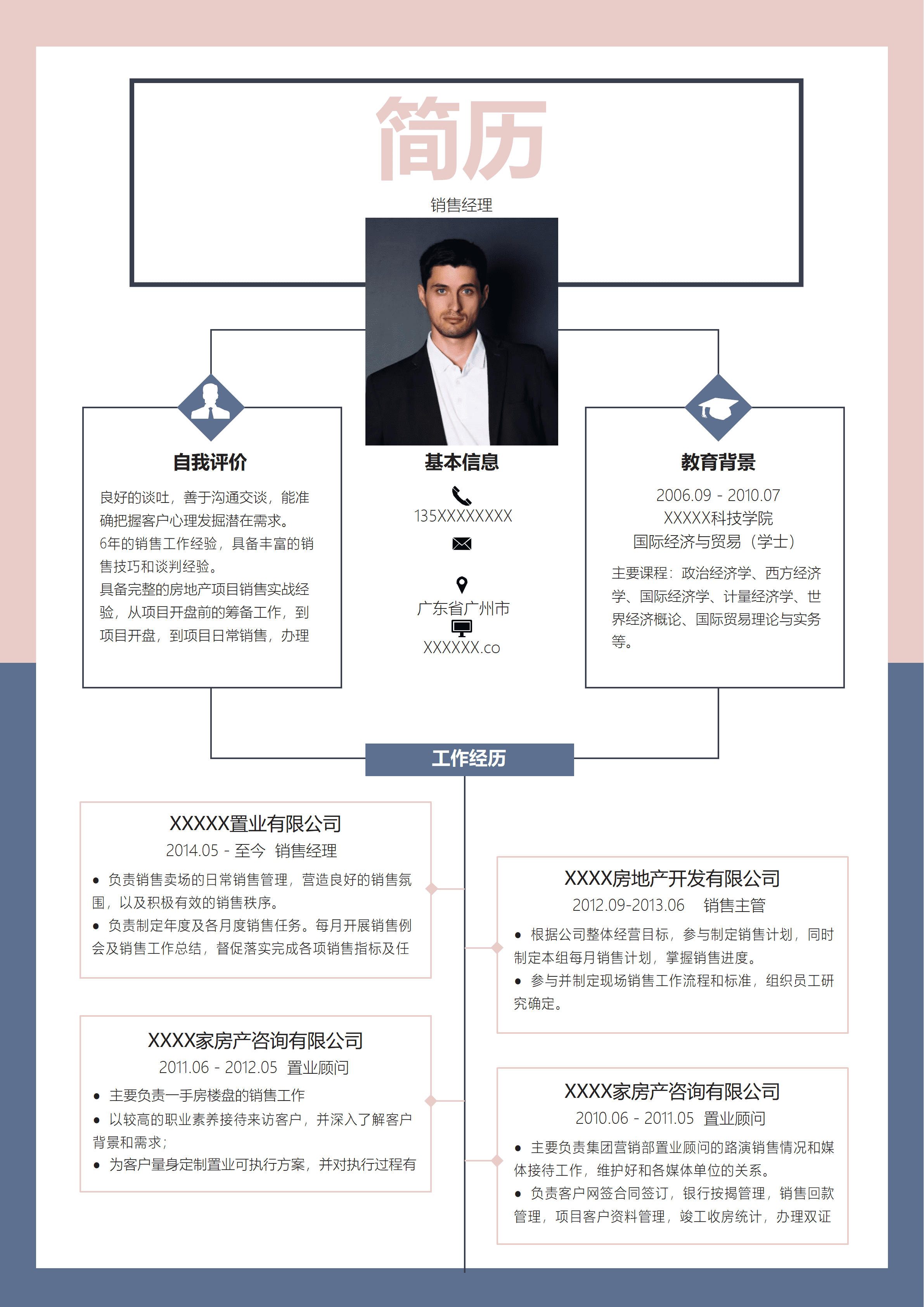 ELQY-2001蓝色经典风格销售经理岗位求职简历Word免费模板/