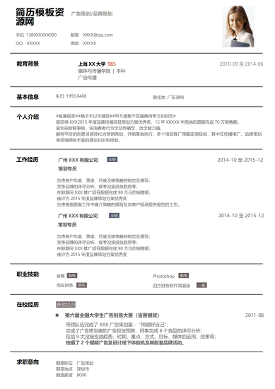 黑白红传统简约广告策划简历模板