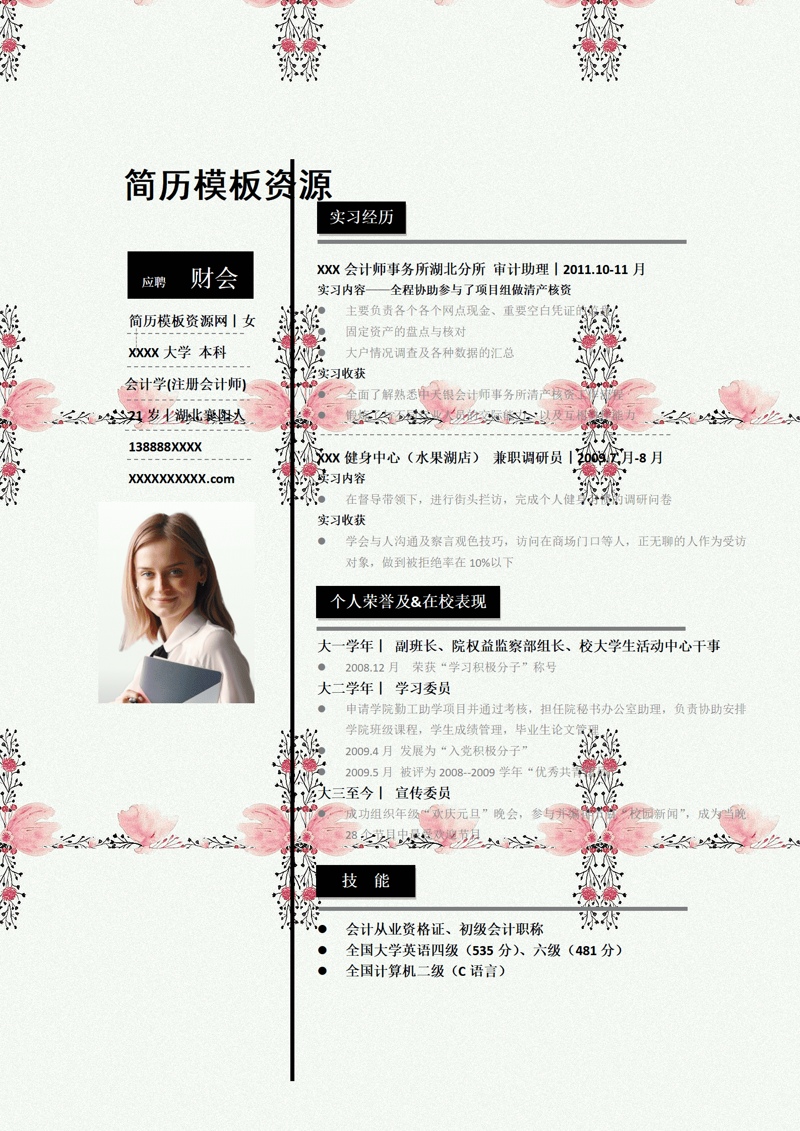 ELBY-2008优雅粉色花卉财会人员简历模板/