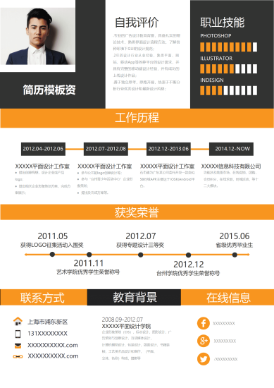 黑橙撞色时间轴设计师简历模板