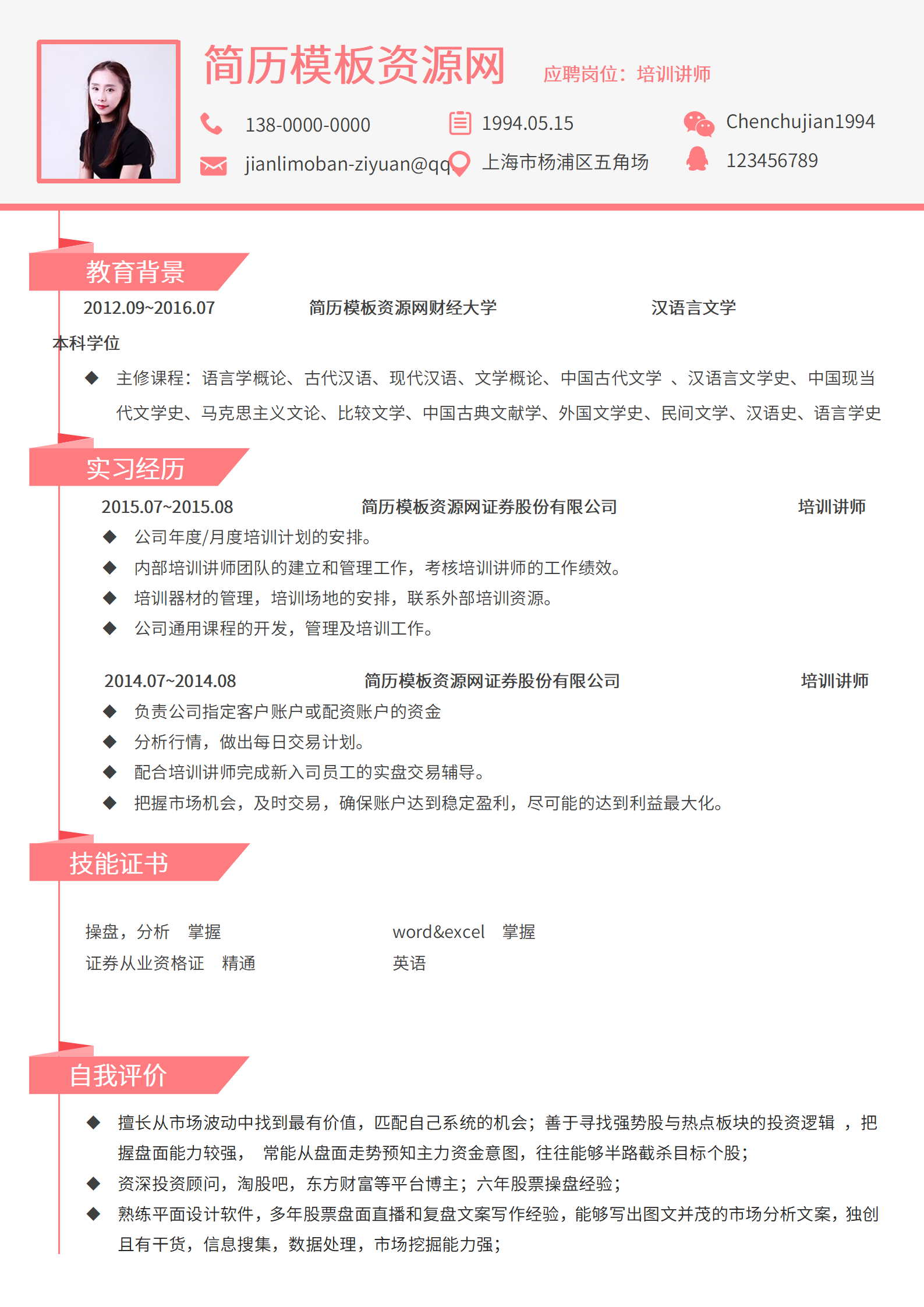 JYDS-4019培训讲师个人简历样本/